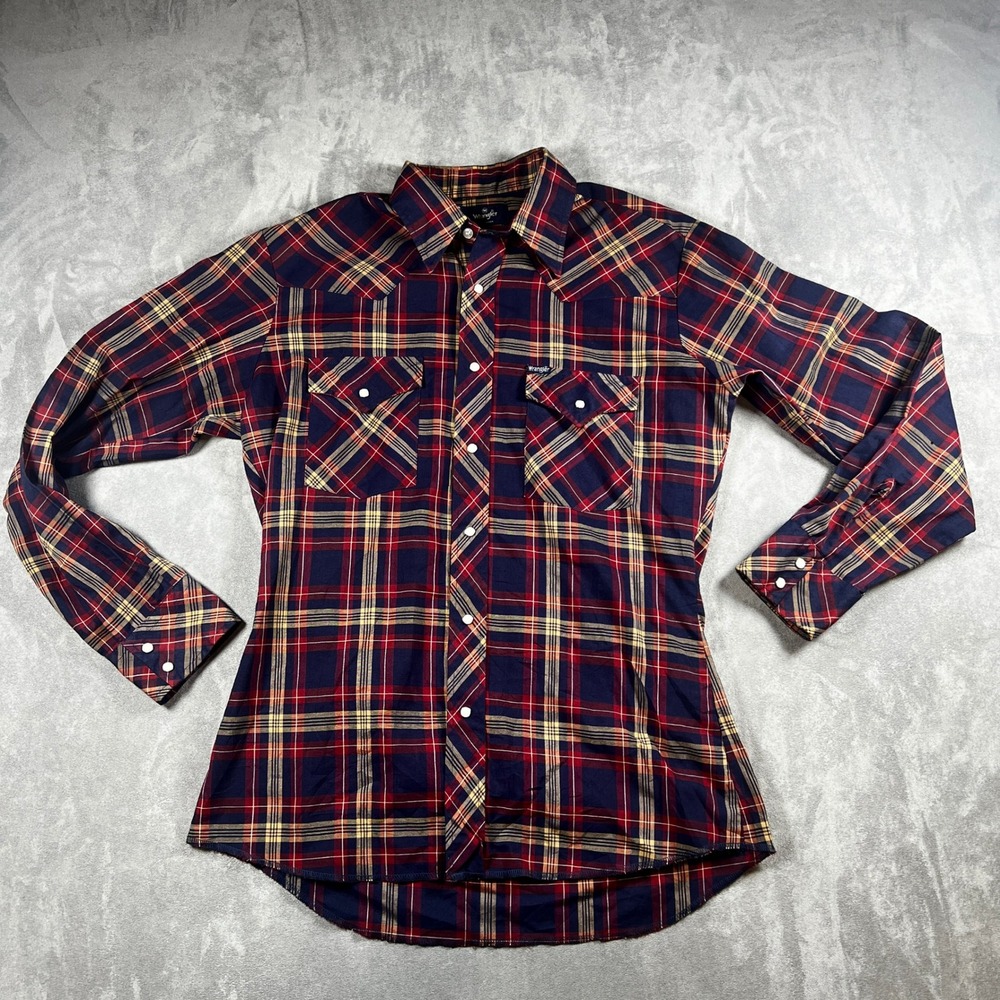 Vintage Wrangler Mens Size M Plaid Long Sleeve Pearl Snap Button Western Shirt